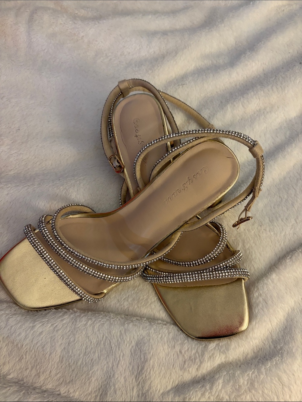 Gold Rhinestone-Strap Heeled Sandals